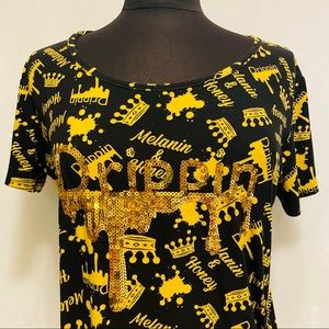 DRIPPIN Women’s XL Stretch Graphic Top Sequin Gold Bling Short Sleeve Shirt